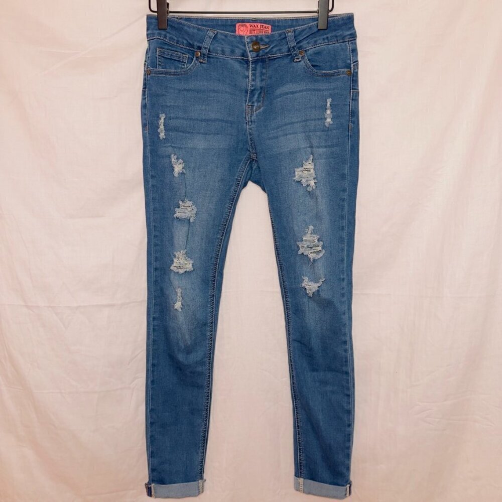 Wax Jean Medium Wash Denim Mid Rise Distressed Skinny Jean size 3